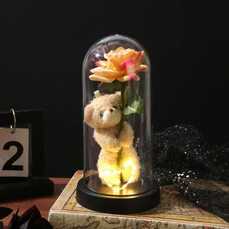 Christmas Valentine's Day Gifts Eternal Rose Flowers in Glass Cover Simulation Rose Flower Desktop Ornament For Girlfriends