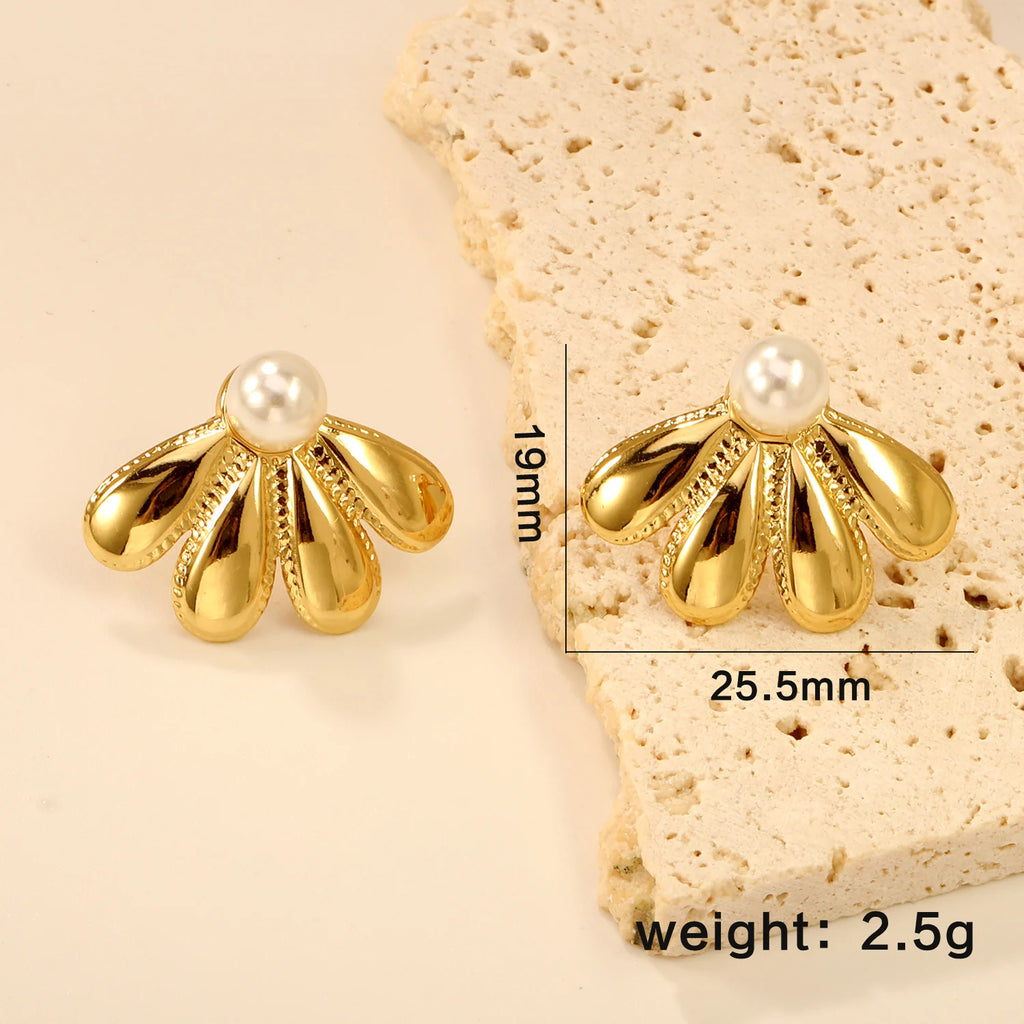 LUXUSTEEL Shell Water Drop Golden Imitaiton Pearl Women Stud Earrings Stainless Steel Heart Female Earring Elegant Jewelry Gifts