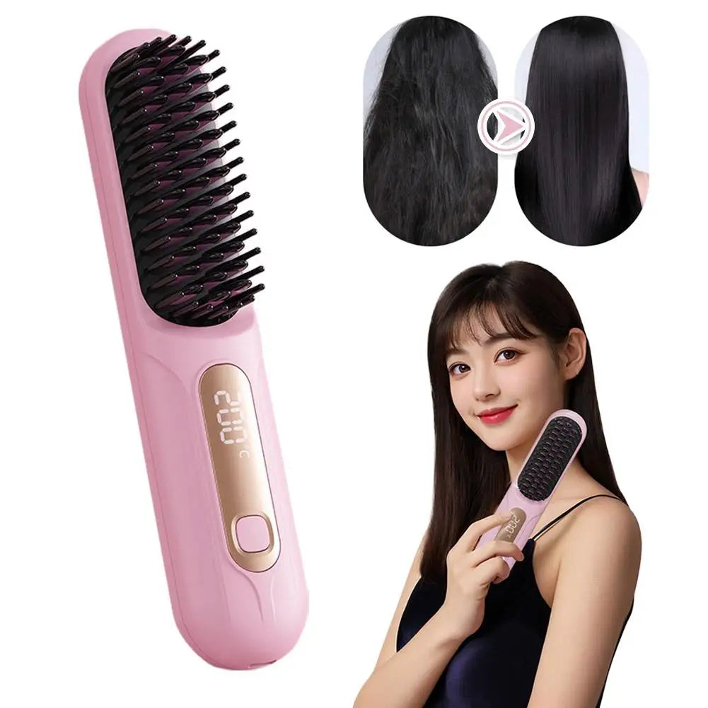 Wireless Hair Straightening Brush Rechargeable Comb For Frizz Control & Smooth Shiny Hair Portable Flat Iron Styling Tool D0G7