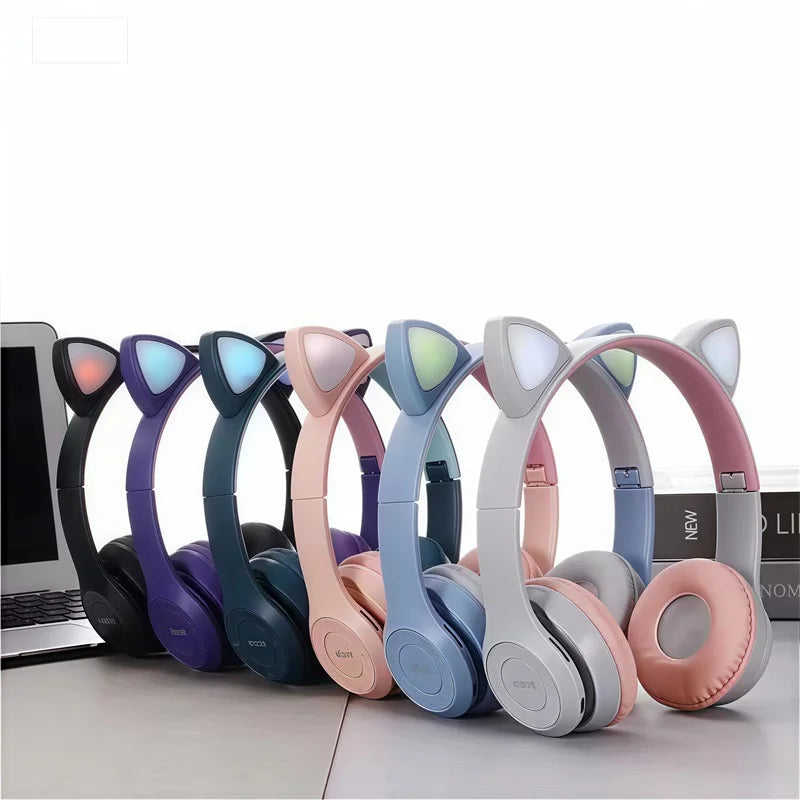 P47M Wireless Bluetooth Headset Gamer Cat LED Light Foldable Noise Cancelling