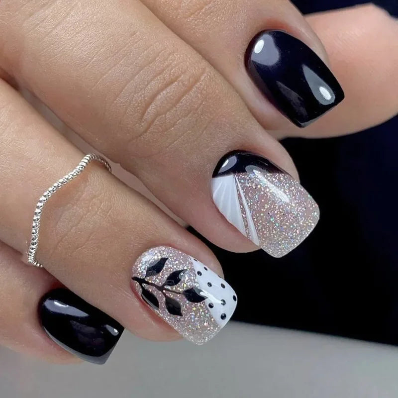 24pcs Short Square Nails Glitter Flower Wave French Nails