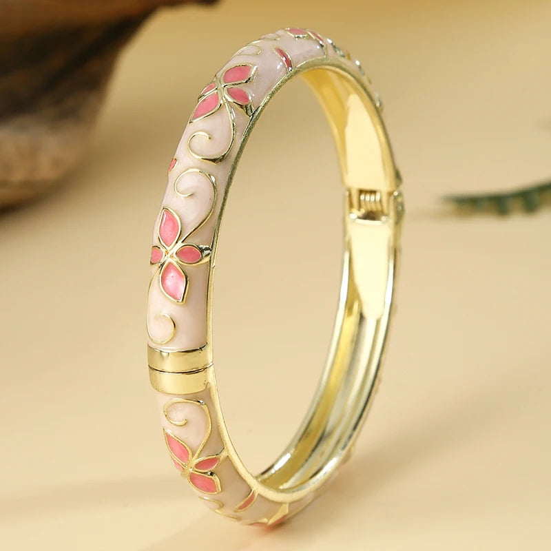 FTCY Flower Pattern Enamel Cloisonne Bracelet For Women Retro Gold Color Plated Bangles for Girls Women Jewelry Gifts