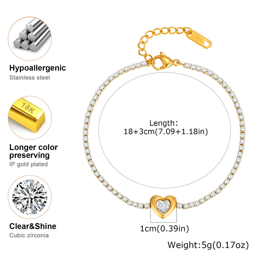 Vnox Clear Heart Zircon Snake Chain Bracelets Bangles For Women, Gold Color Stainless Steel Chain, Boho Elegant Jewelry Gifts
