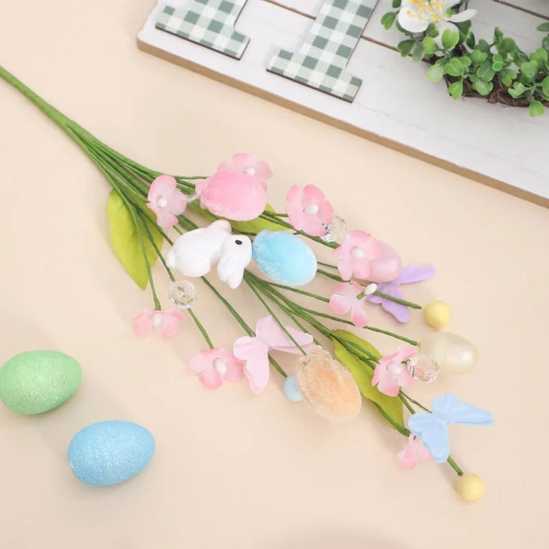 Easter Flower Spring Floral with Easter Egg Rabbit Statue Fake Twig Branches Easter Vine Stems for DIY Holiday Vase Decor