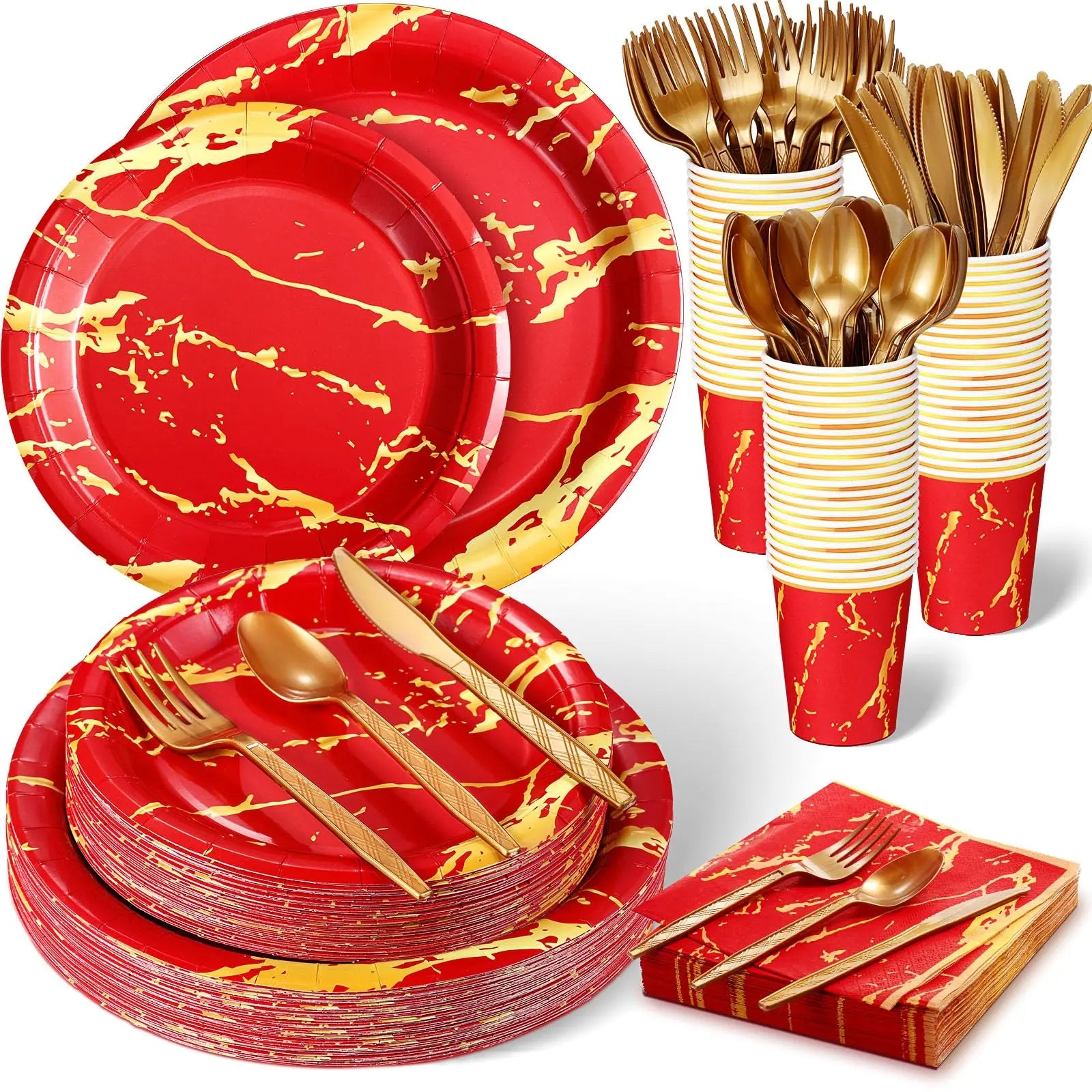 350Pcs.disposable tableware gold red set, Include 100 Plates,50(9oz Paper Cup,Sets Spoon Fork Knives,Napkin)Thanksgiving Party
