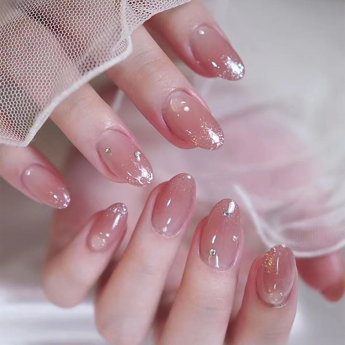 Blush Pink False Nails Bowknot Diamond Pearl Nails