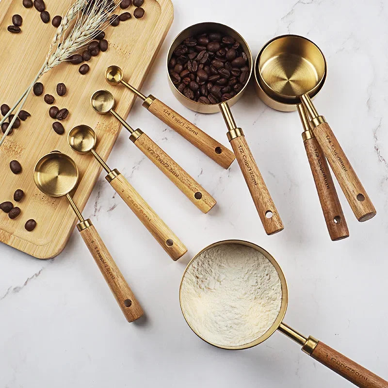 8 Piece Golden Stainless Steel Measuring Spoon Set with Wooden Handle for Baking Coffee Cooking Kitchen Tools