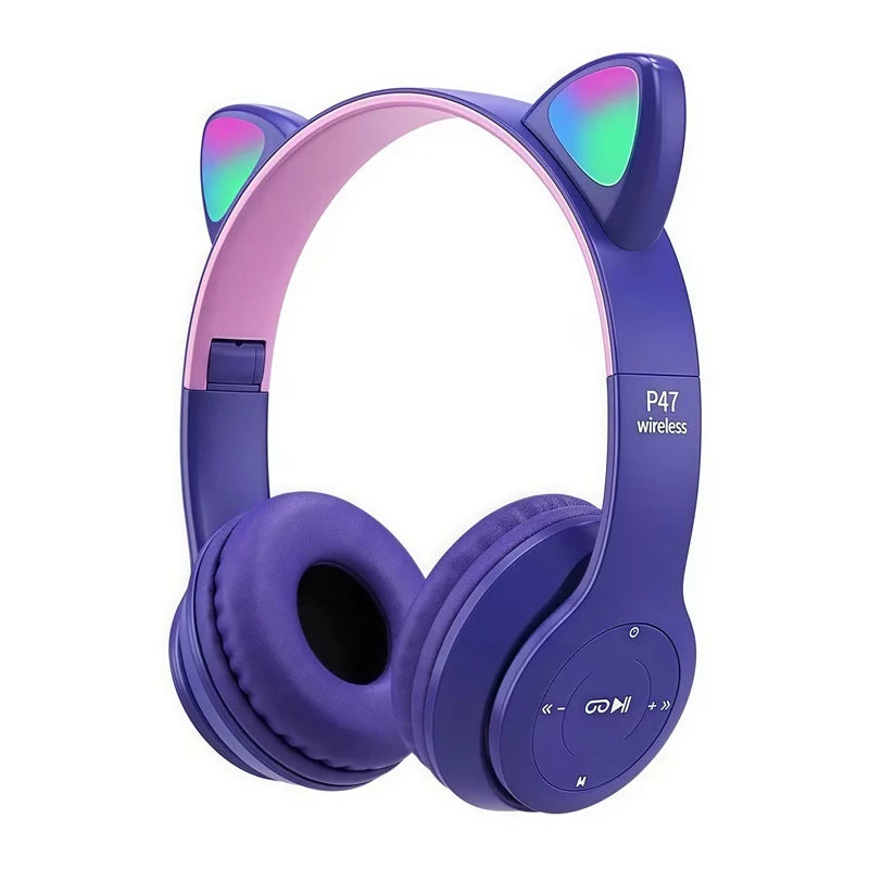P47M Wireless Bluetooth Headset Gamer Cat LED Light Foldable Noise Cancelling