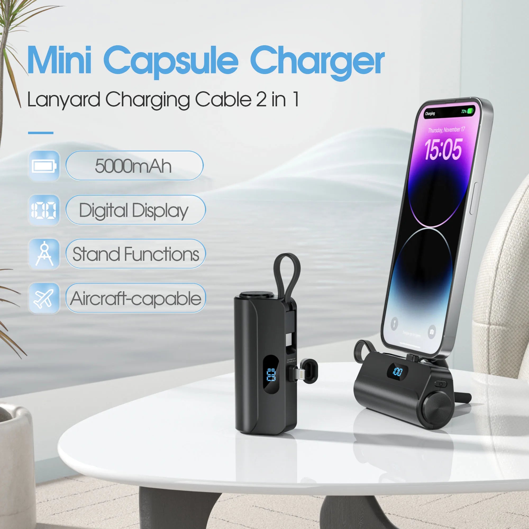Battery Pack Mini Portable Charger 5000mAh PowerBank,Built-in ioS Interface & USB-C Cable Cell PhonePortable Power, LED Display