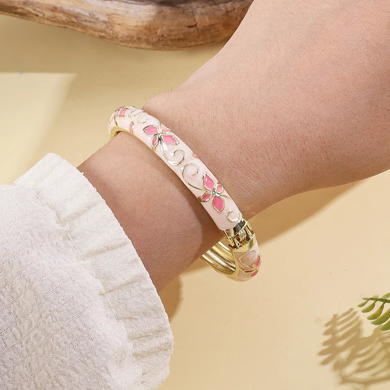 FTCY Flower Pattern Enamel Cloisonne Bracelet For Women Retro Gold Color Plated Bangles for Girls Women Jewelry Gifts