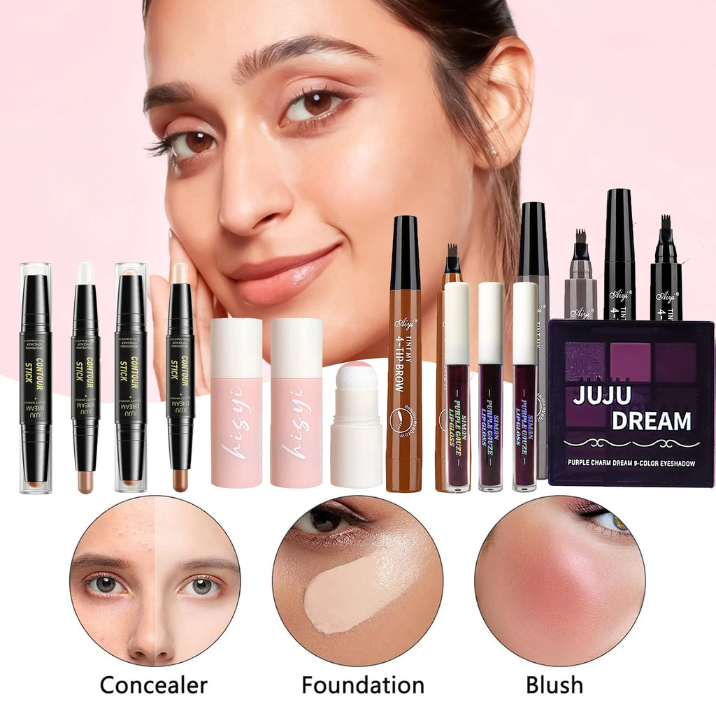 Complete Makeup Set - Includes Blush, Eyeshadow, Contour Pencil, Lip Gloss and Brow Pencil - Full Coverage Glossy (10-Pack) Kit