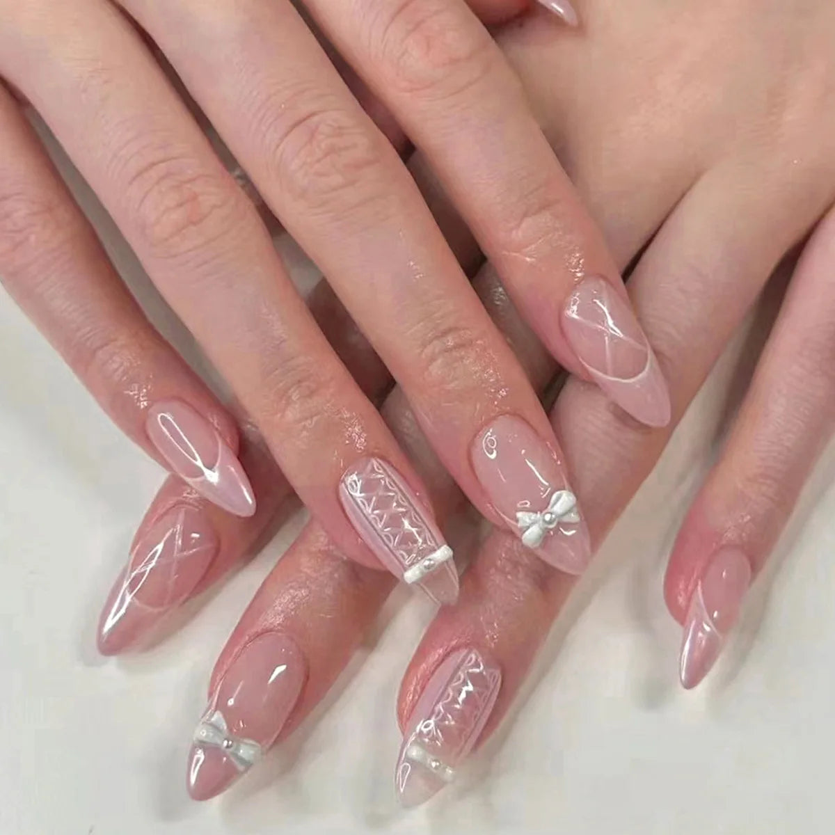 Blush Pink False Nails Bowknot Diamond Pearl Nails