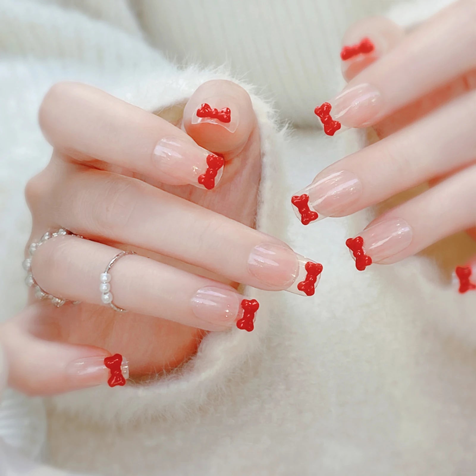 Blush Pink False Nails Bowknot Diamond Pearl Nails