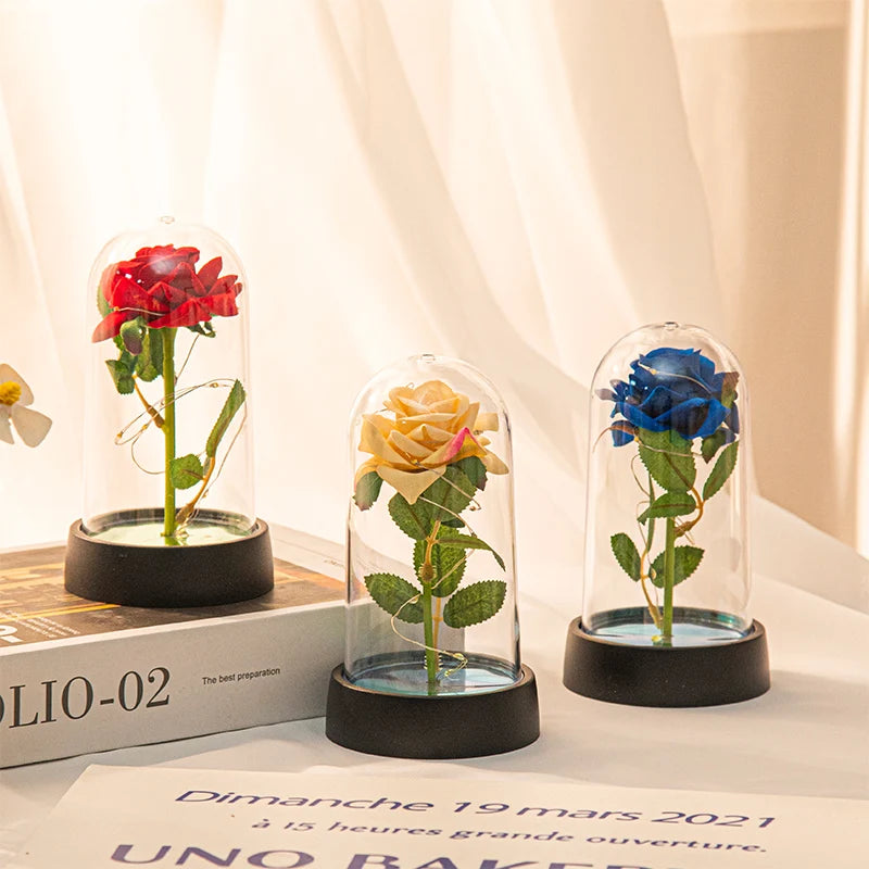 Christmas Valentine's Day Gifts Eternal Rose Flowers in Glass Cover Simulation Rose Flower Desktop Ornament For Girlfriends