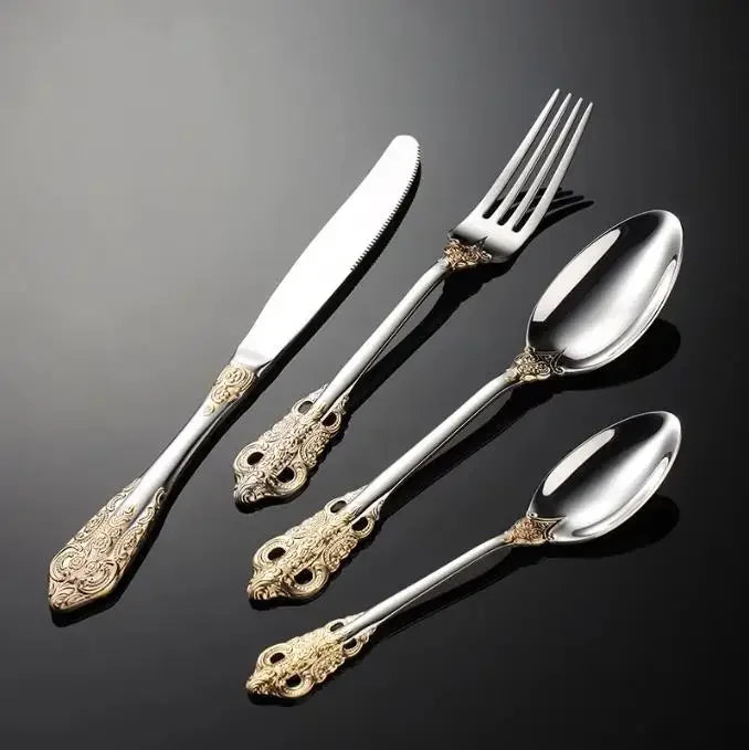 Palace Series Stainless Steel Cutlery Sets Western Food Knives Forks Spoons Teaspoon Luxury Golden Tableware Home and Kitchen