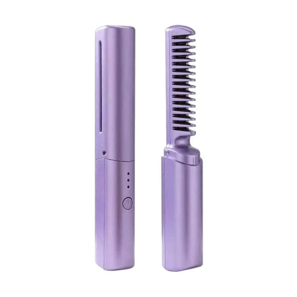 Rechargeable Wireless 2in1 Hair Straightener Curler Comb - Portable Negative Ion Hair Care Tool No Damage Hair Dual Purpose