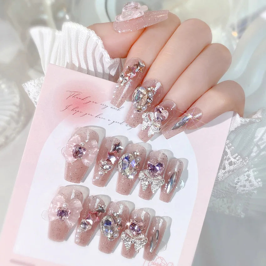 Blush Pink False Nails Bowknot Diamond Pearl Nails