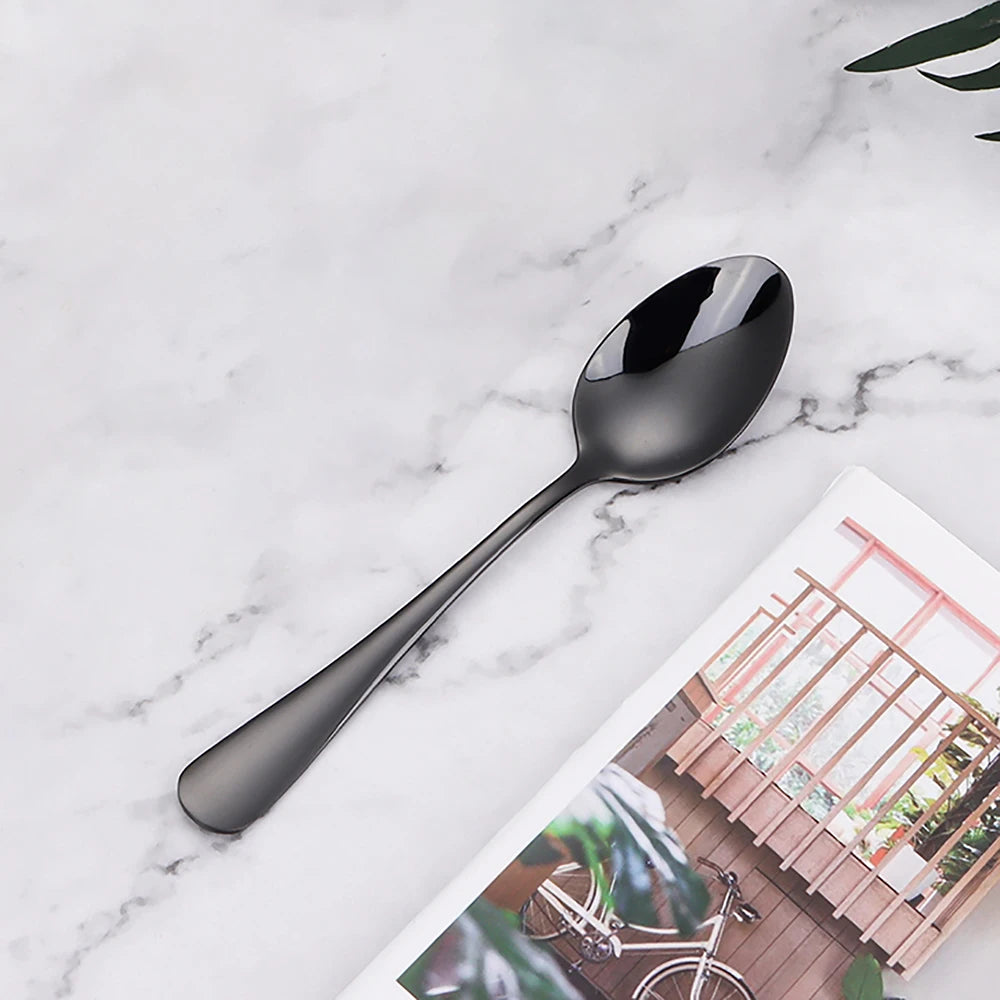 4/6/12 Pieces Stainless Steel Dessert Spoon Black Stirring Spoon Ice Cream Cake Sliver Spoons Set Gold Cutlery Mirror Tableware