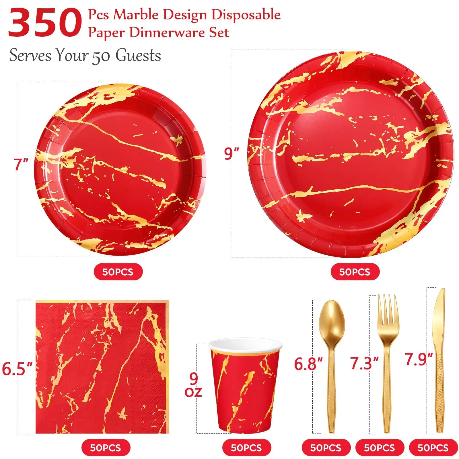 350Pcs.disposable tableware gold red set, Include 100 Plates,50(9oz Paper Cup,Sets Spoon Fork Knives,Napkin)Thanksgiving Party
