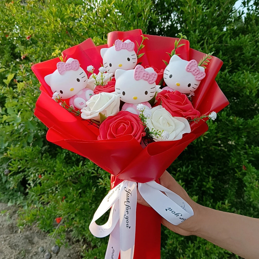Hello KT Cartoon Plush Bouquet  Anime Rose Flowers Doll Home Wedding Decoration Christmas Valentine's Day Gift