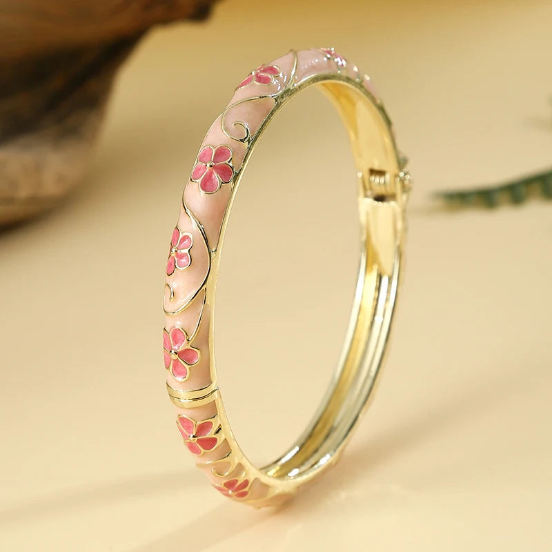 FTCY Flower Pattern Enamel Cloisonne Bracelet For Women Retro Gold Color Plated Bangles for Girls Women Jewelry Gifts