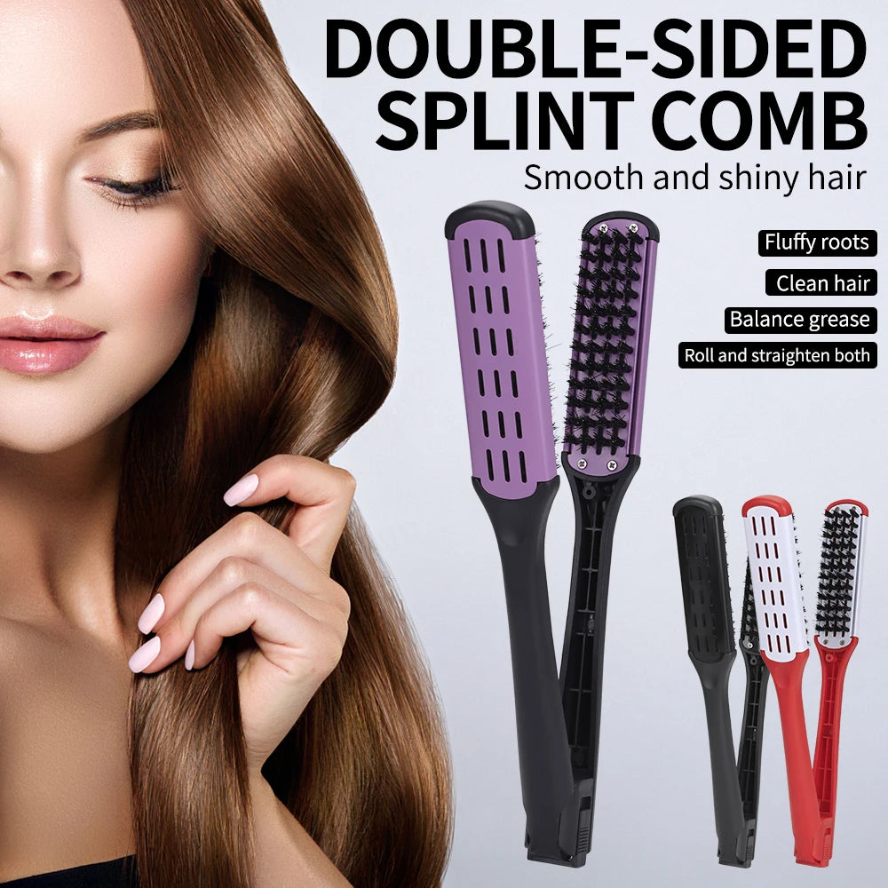 Professional V-Shape Hair Straightening and Curling Brush - High-Temperature Pure Boar Bristle Multi-Functional Styling Comb