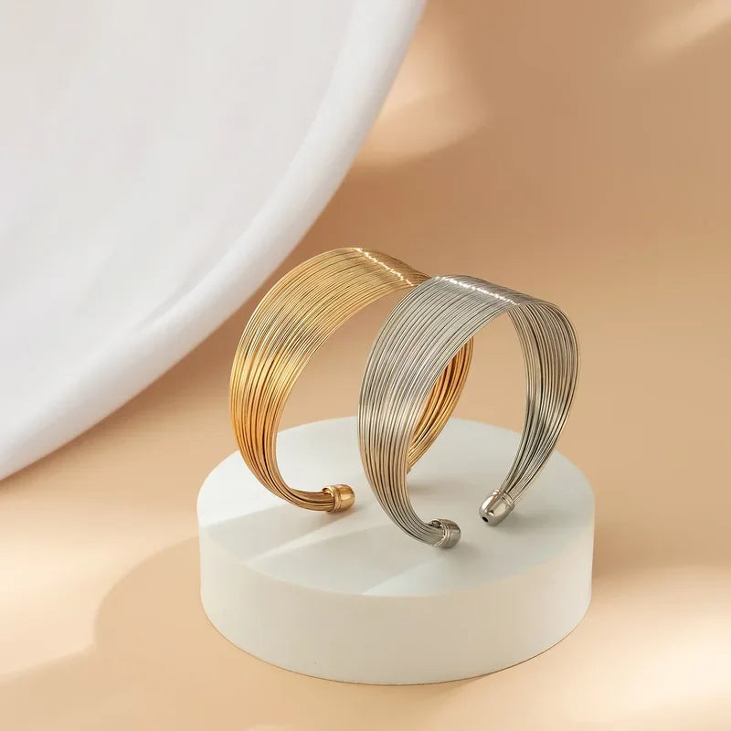 Pulseras De Acero Inoxidable Fashion Wire Wrap Open Wide Cuff Bracelet Bangle For Women Jewelry Vintage Metal Bangle Female