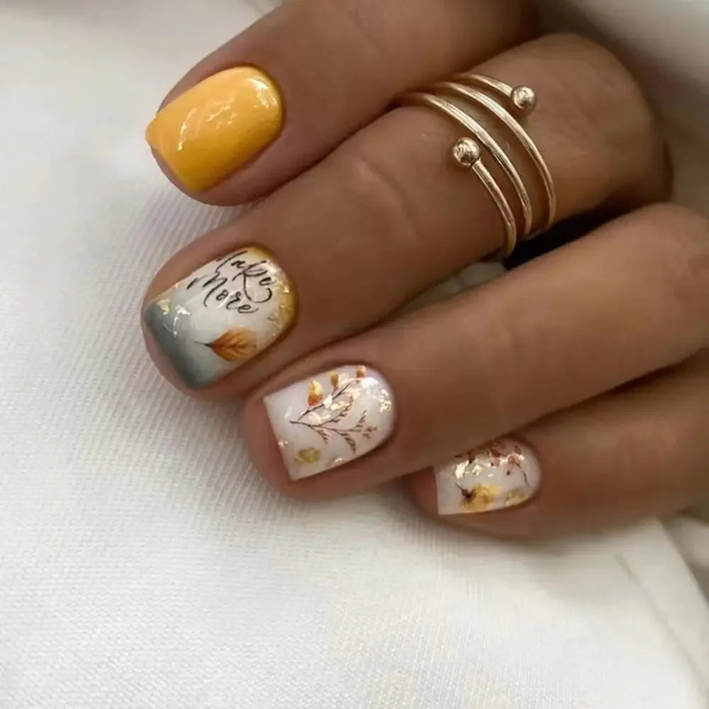 24pcs Short Square Nails Glitter Flower Wave French Nails