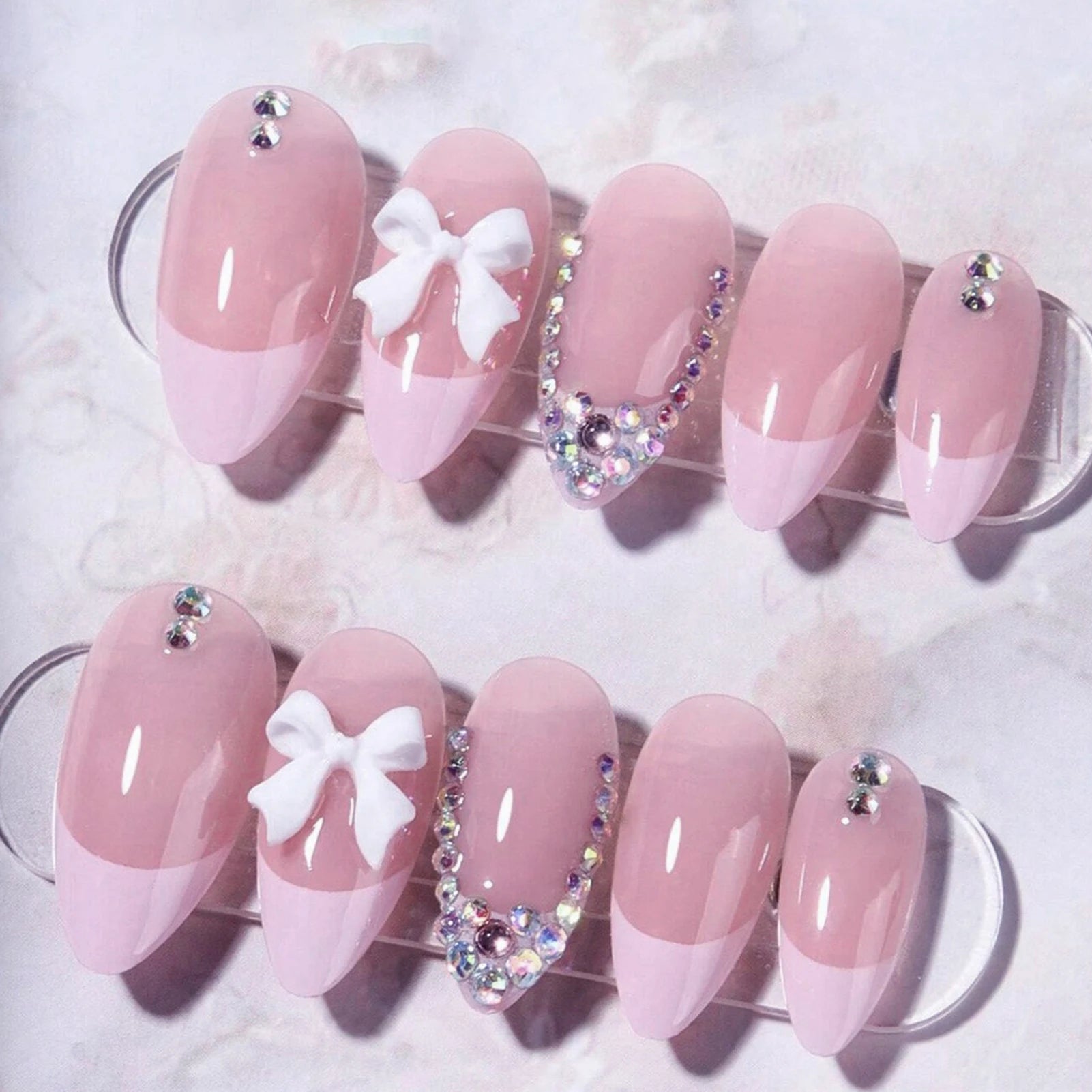 Blush Pink False Nails Bowknot Diamond Pearl Nails