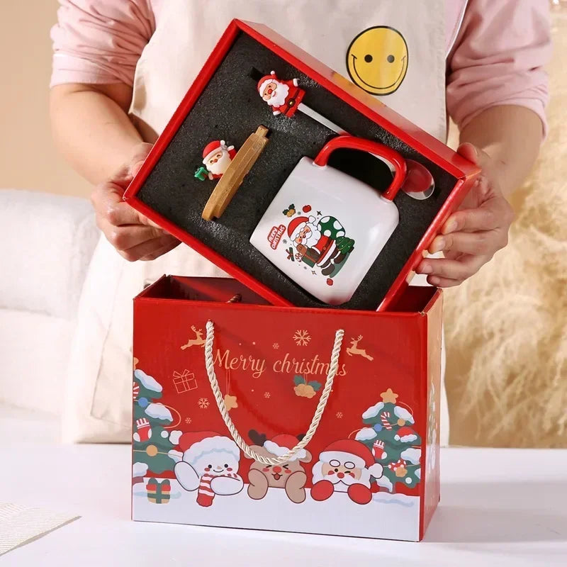 Christmas Gift Box Mug Coffee Milk Tea Breakfast Cup Festive Christmas Xmas Theme Ceramic Mug Cup Set with Lid And Spoon