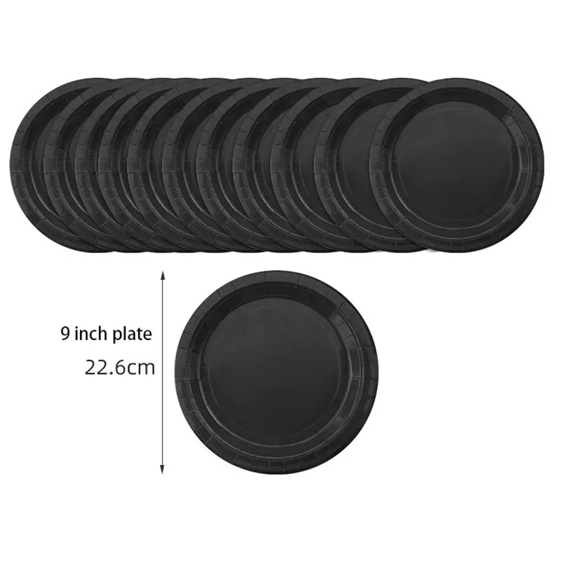 Solid Black Theme Tableware Birthday Party Disposable Cutlery Paper Napkins Cups Plates Tablecloths Fork Spoon Party Decorations