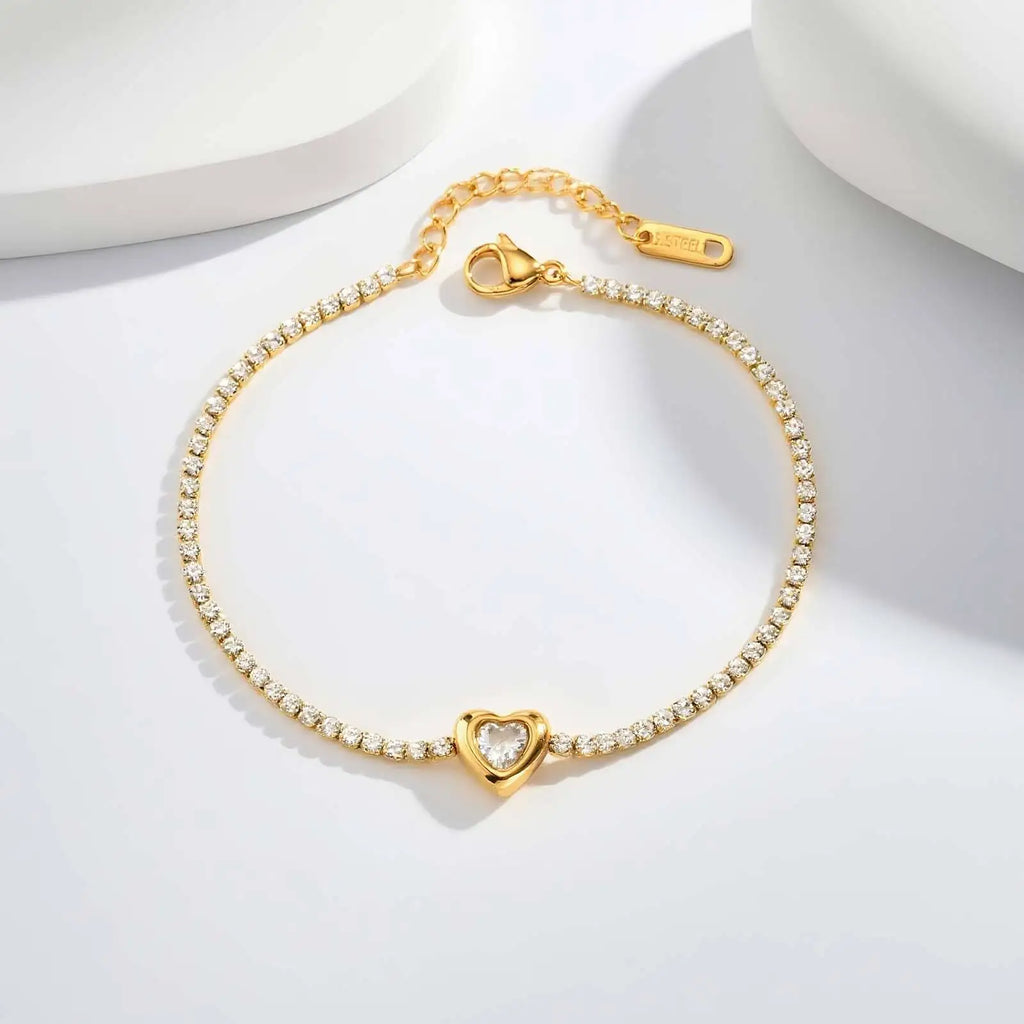 Vnox Clear Heart Zircon Snake Chain Bracelets Bangles For Women, Gold Color Stainless Steel Chain, Boho Elegant Jewelry Gifts