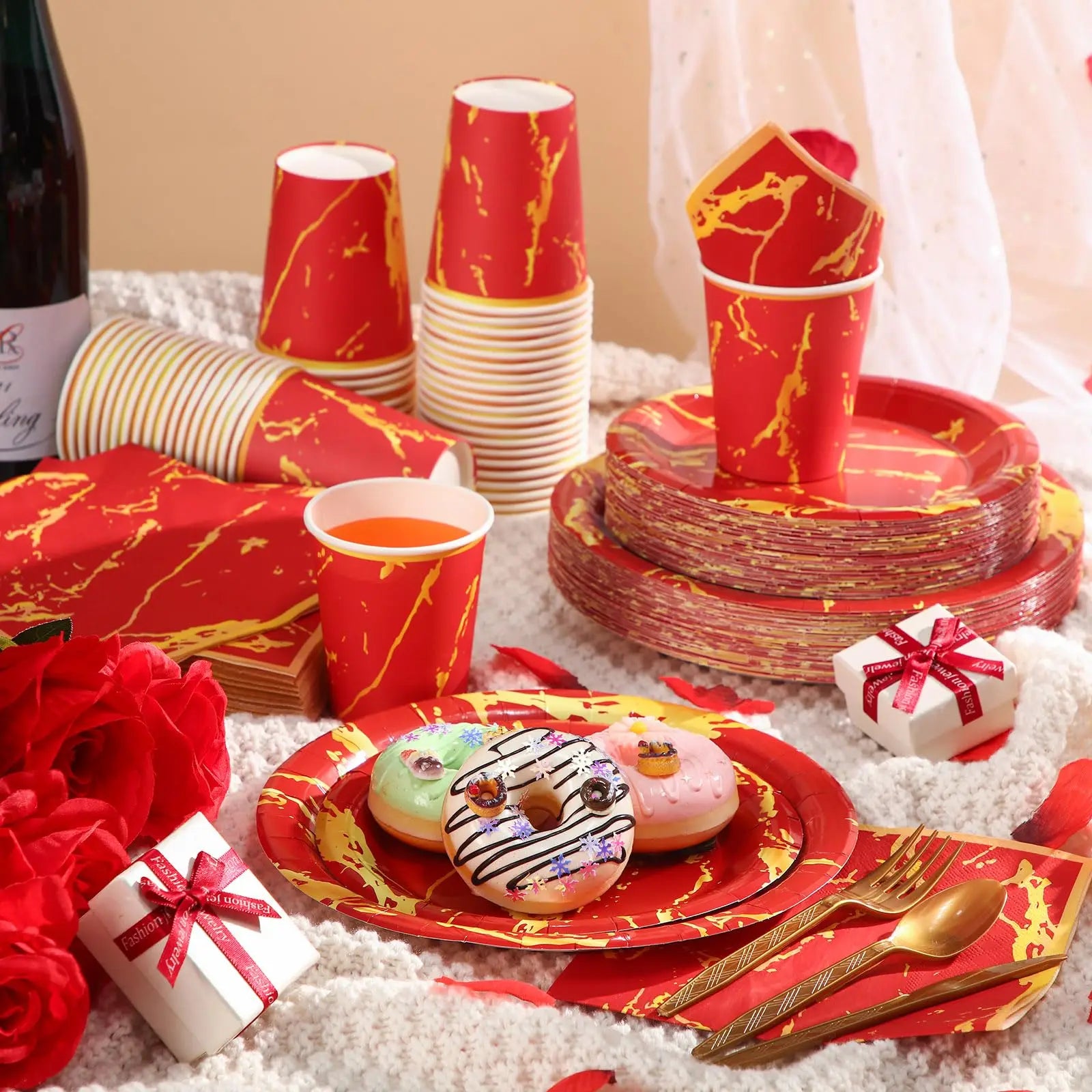 350Pcs.disposable tableware gold red set, Include 100 Plates,50(9oz Paper Cup,Sets Spoon Fork Knives,Napkin)Thanksgiving Party