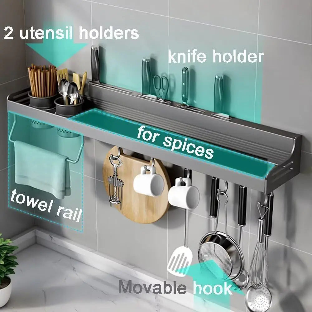1pc Kitchen Wall-mounted Spice Storage Rack With Hooks, Hanging Tableware & Utensils Holder, Household Space Saving Storage Orga