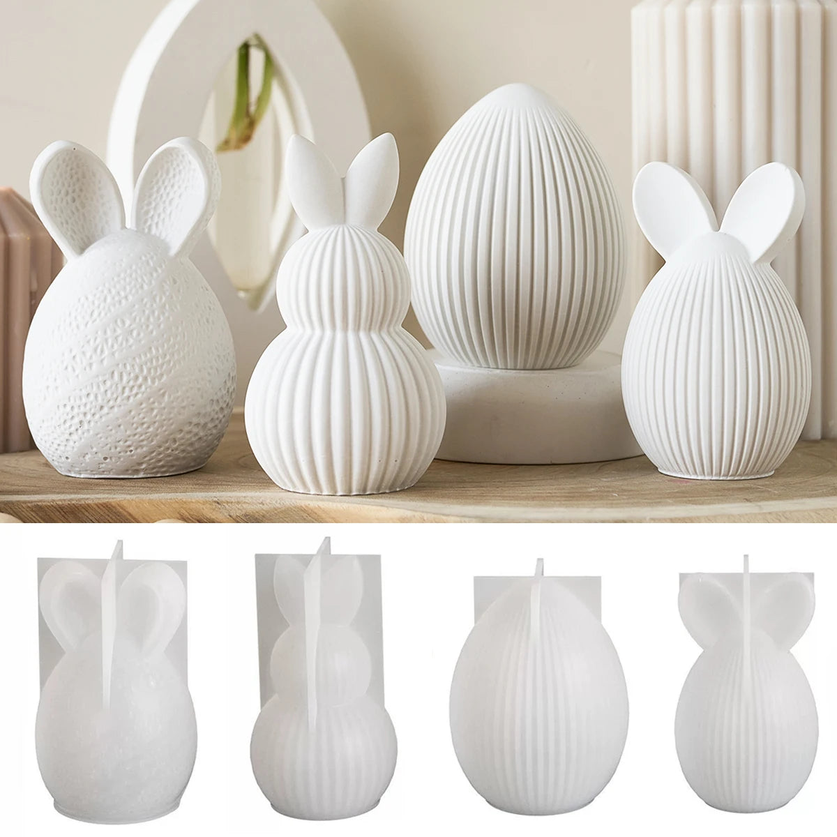 Easter Series Silicone Mold 3D Striped Egg Straight Ear Rabbit Gourd Diamond Pattern Bunny Scented Candle Gypsum Craft Gift Mold