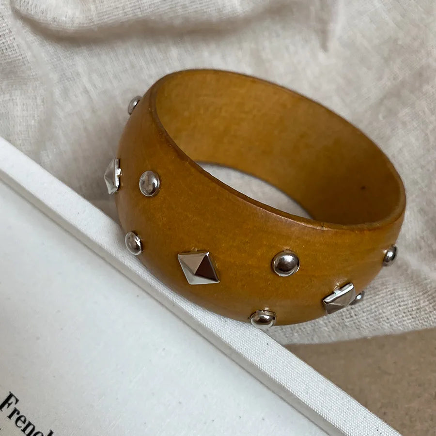 12 Styles Natural Wooden Square Round Bracelet for Women Men Hip Hop  Rivet Beads Wide Bangles Hand Jewelry Pulseras Mujer
