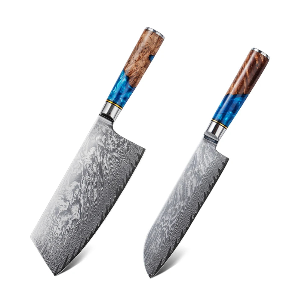 Damascus Knife Set 2 Pieces Japanese Kitchen Knife with VG10 Steel Core Blue Resin Handle Super Sharp Kitchen Chef's Knife
