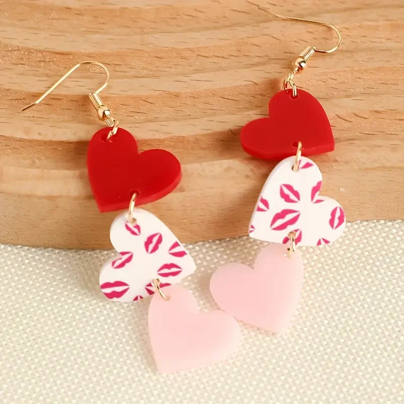 1 Pair EXGOX Valentine'S Day Acrylic Heart Earrings - Cute & Sexy Kiss Pattern Stainless Steel Post All-Season Fashion Jewelry