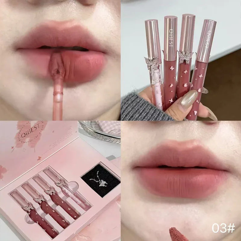 QIBEST New Feather Butterfly Soft Color Lip Makeup Kit Include 3*Matte Liquid Lipstick And 1*Lip Oil Cosmetics Set With Necklace Cosmetics