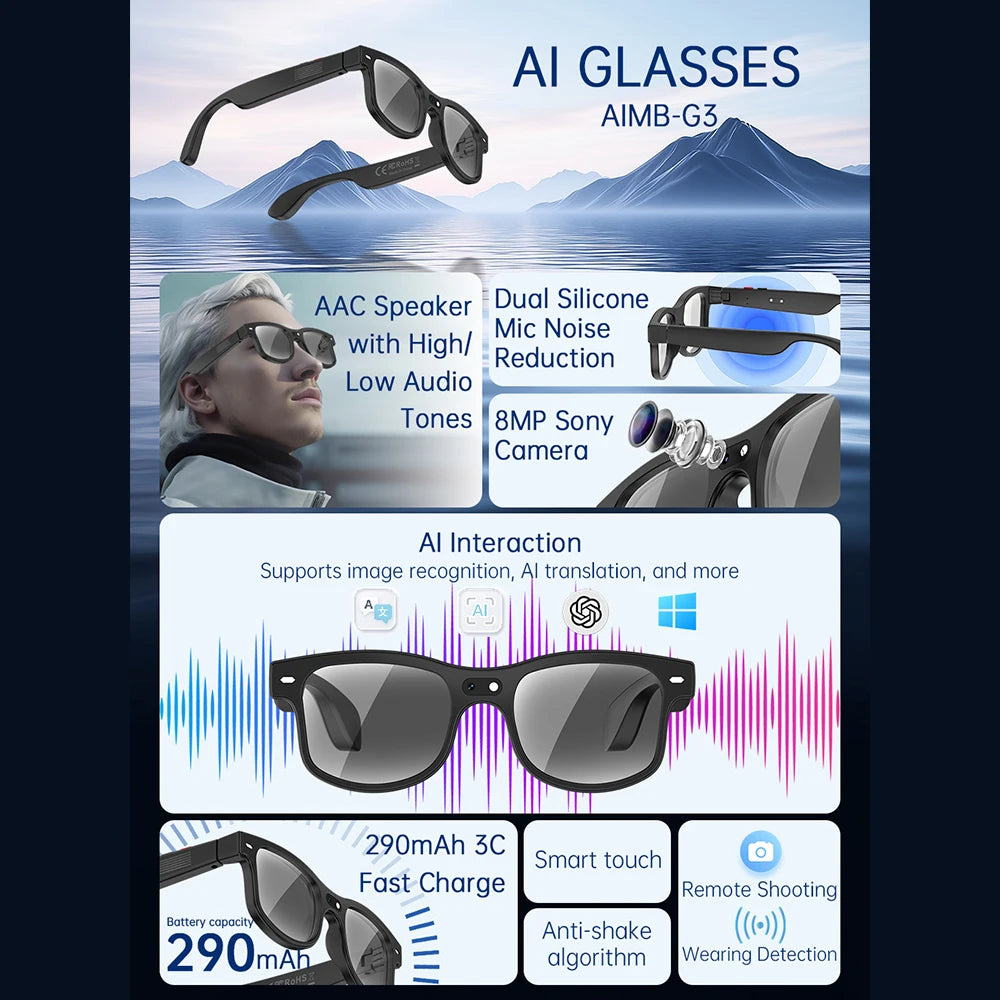 IUTECH Smart Glasses With 8MP Camera HD Color AI Translation  Bluetooth Call Voice Assistant