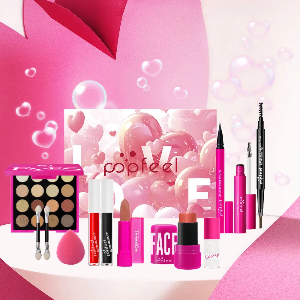 POPFEEL 12-Piece Valentine's Day Makeup Set -Cosmetics Includes Eyeshadow, Blush, Lipstick, Lip Gloss, Mascara, Eyebrow Pencil, Eyeliner.