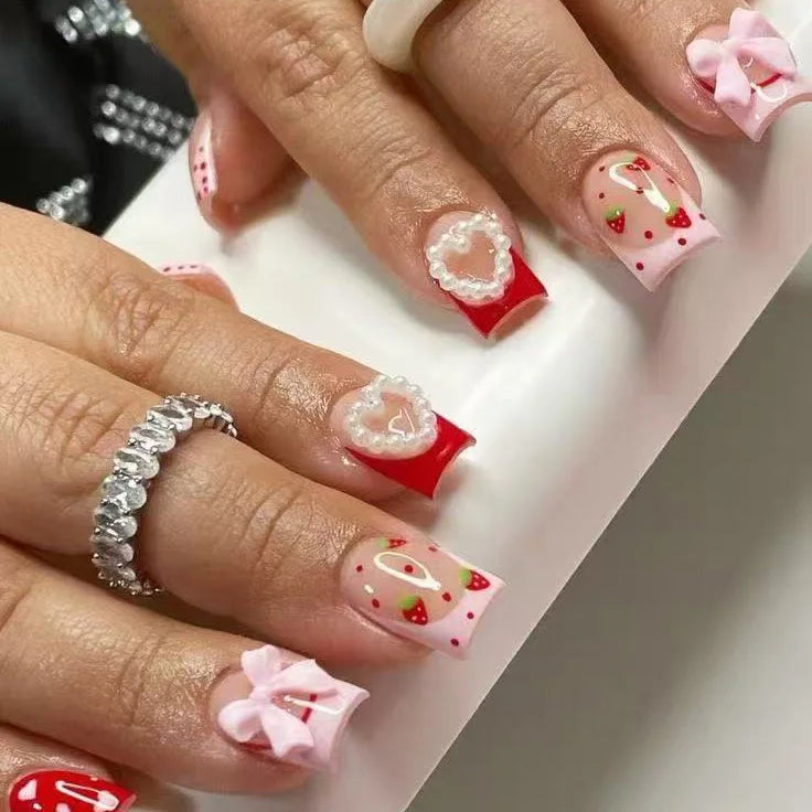 Blush Pink False Nails Bowknot Diamond Pearl Nails