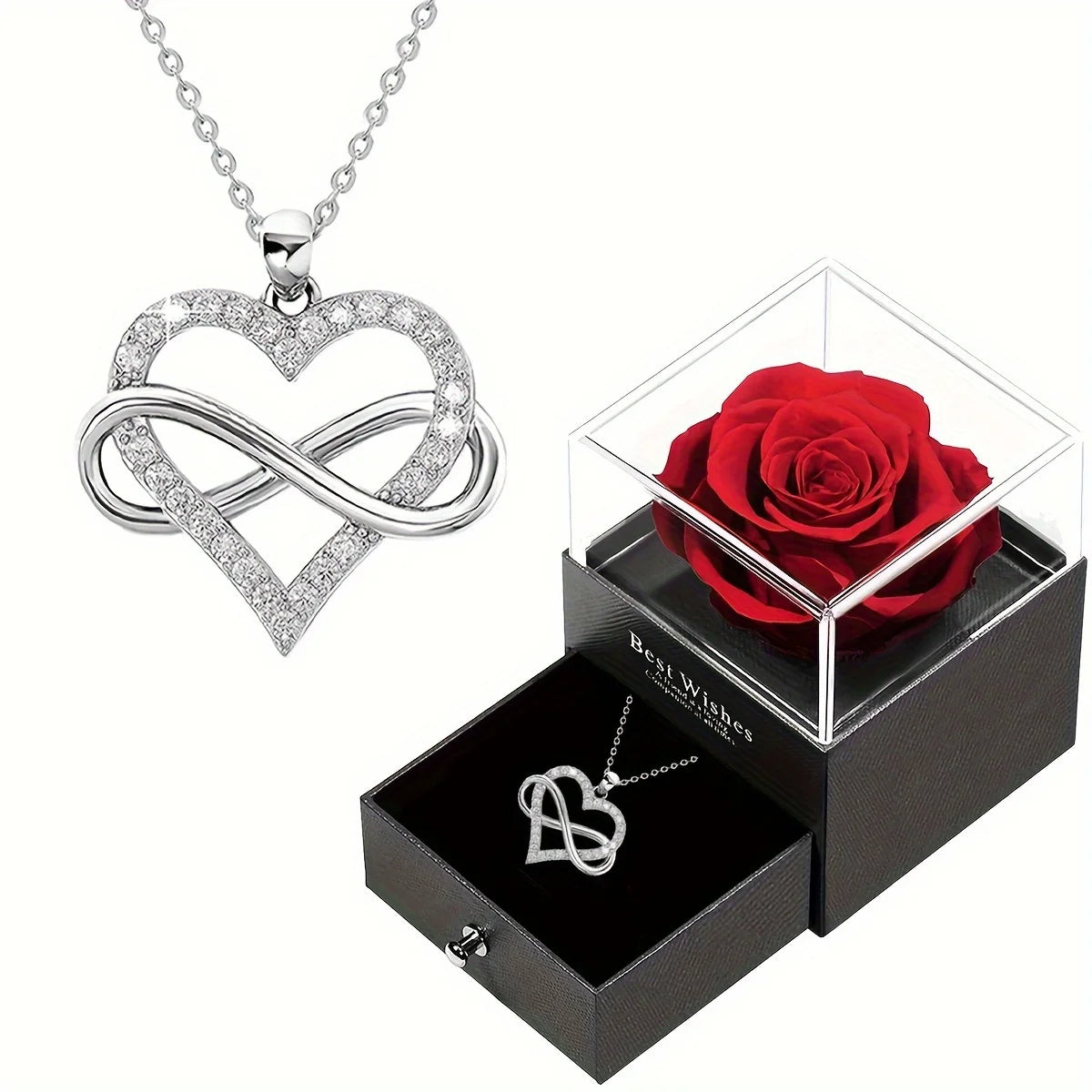 Women's Fashion Infinite Love Necklace with Red Rose Flower Gift Box, Valentine's Day and Mother's Day Gifts for Wife and Mom