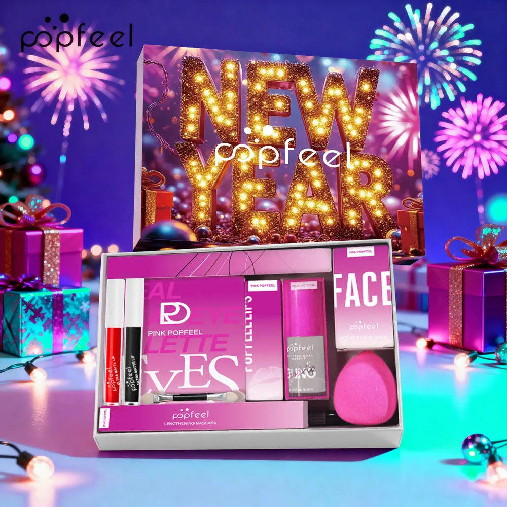 POPFEEL 12-Piece New Year Makeup Set – 2026 Edition cosmetics with Eyeshadow, Blush, Lipstick & Gloss, Mascara, Eyebrow Pencil, Eyeliner.
