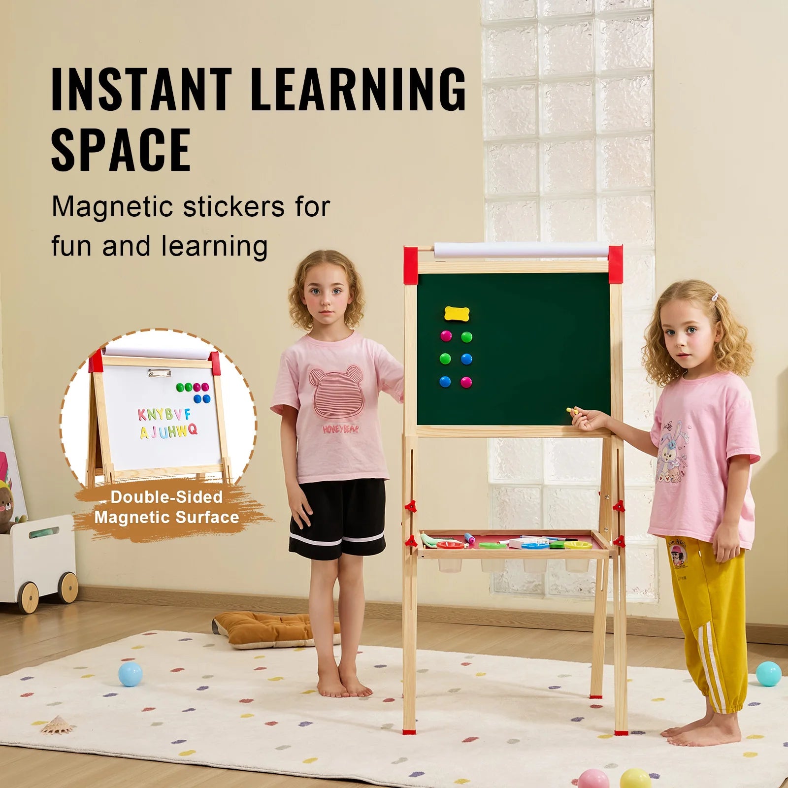 SucceBuy Children Magnetic Drawing Board Wooden Double-Sided Kid's Art Easel with Whiteboard Chalkboard for Girls Gifts Toys