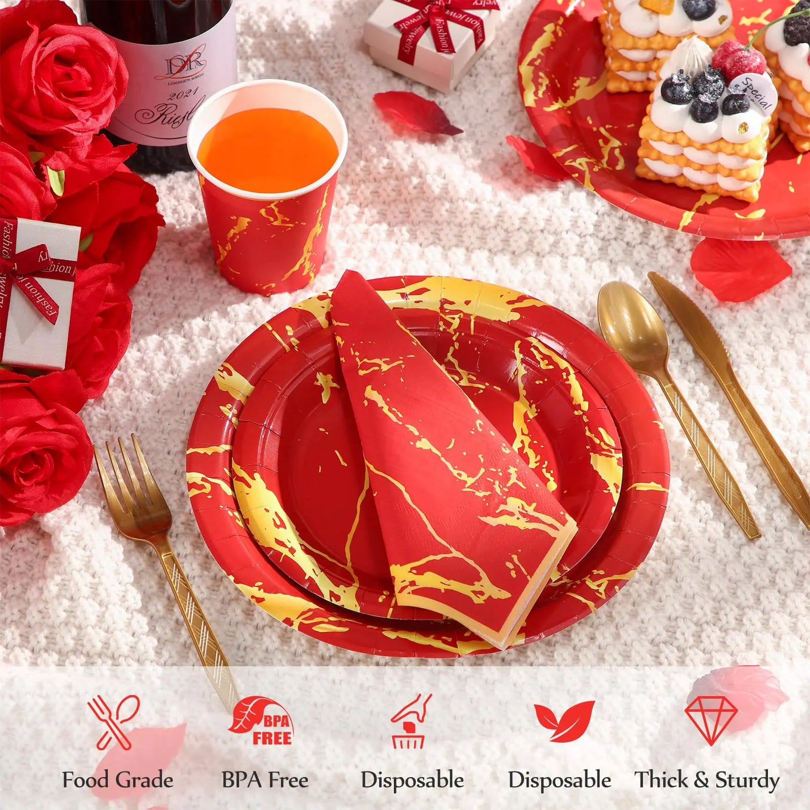 350Pcs.disposable tableware gold red set, Include 100 Plates,50(9oz Paper Cup,Sets Spoon Fork Knives,Napkin)Thanksgiving Party