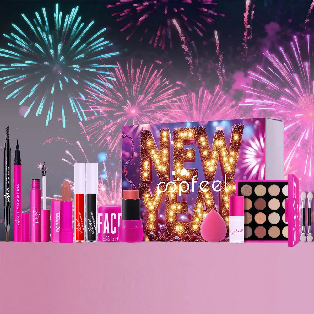 POPFEEL 12-Piece New Year Makeup Set – 2026 Edition cosmetics with Eyeshadow, Blush, Lipstick & Gloss, Mascara, Eyebrow Pencil, Eyeliner.