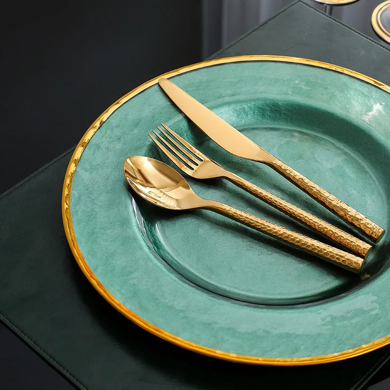 New European Style Light Luxury Bone China Steak Plate  Knife, Fork, Spoon, Napkin Buckle，Cloth Napkin，Wine Glass Tableware Set