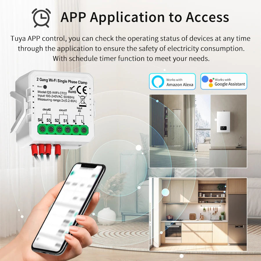 Tuya Wifi Smart Energy Meter 80A Current Sensor Solar PV System Power Production Consumption Bidirectional Monitor APP Control