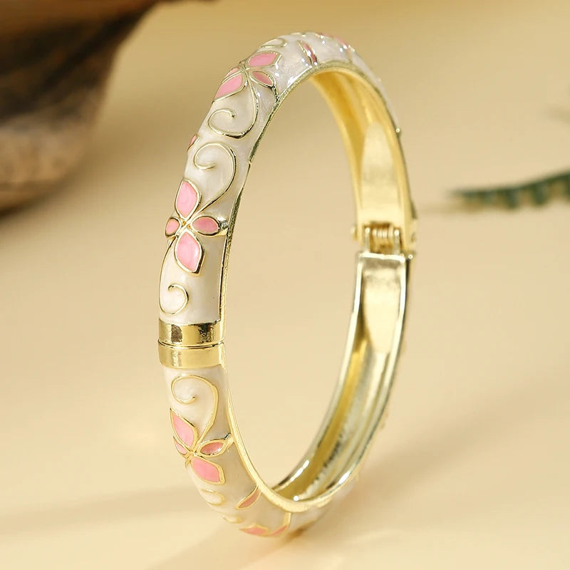 FTCY Flower Pattern Enamel Cloisonne Bracelet For Women Retro Gold Color Plated Bangles for Girls Women Jewelry Gifts